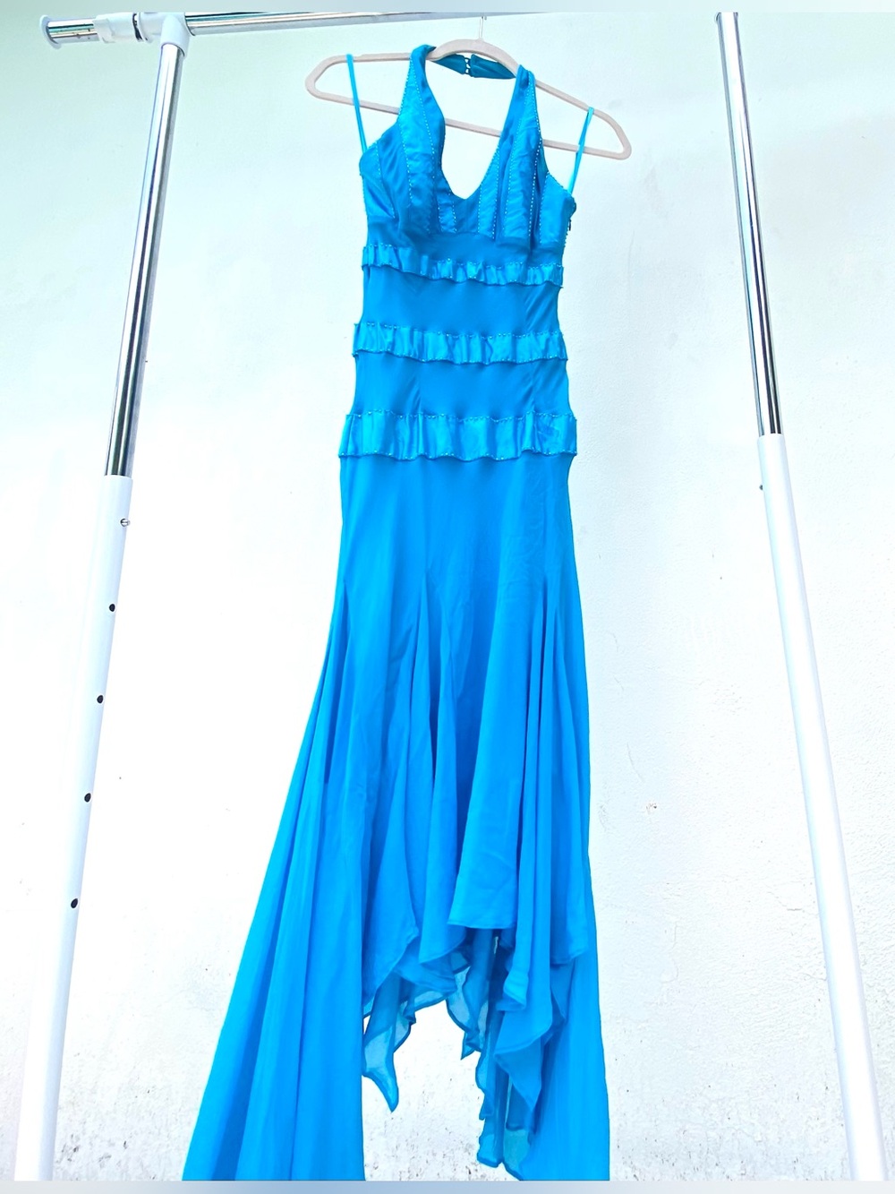 Y2K Nina Austin 100% Silk Blue Beaded Asymetric Fairy Midi Dress Size XS